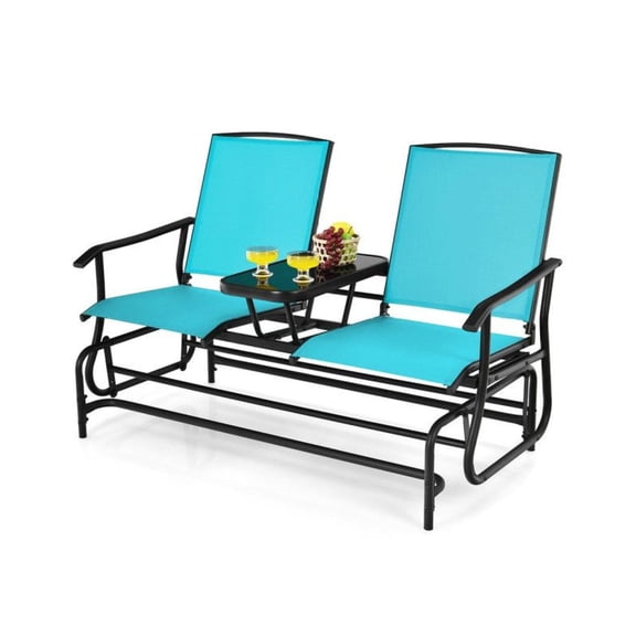 2-Person Rocking Loveseat - Outdoor Patio Rocker with Tempered Glass Table - Turquoise/Gray/Beige/Black - Steel Frame - 530lbs Capacity