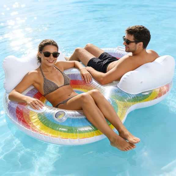 2 Person Swim Ring Pool Float, Double Lounger for Relaxing, Rainbow Inflatable Float for Adults, Pool, Lake, Party