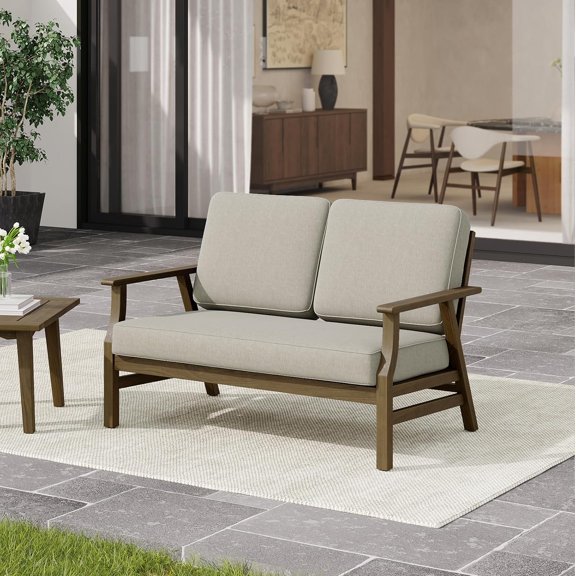 2-Person Teak Wood Patio Bench with Cushions, Weatherproof Heavy Duty Solid Wooden Frame Farmhouse Bench for Front Porch Deck Balcony - Light Camel