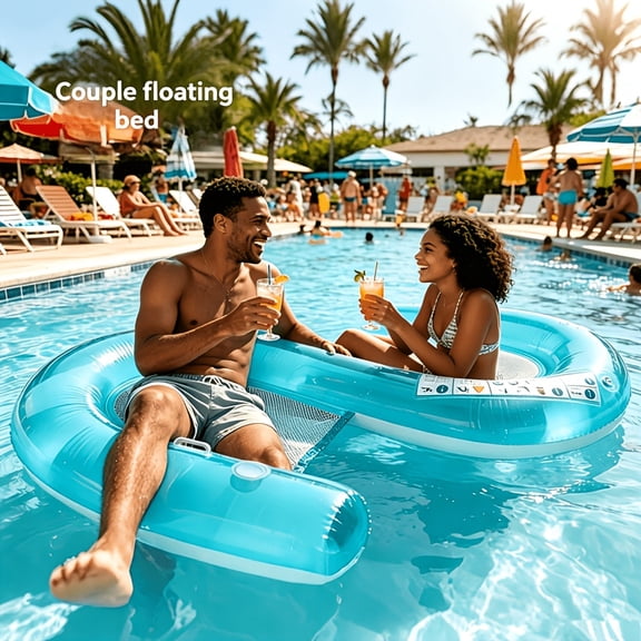 2 Person Thickened S-Shaped Inflatable Pool Float Lounger, PVC Oxford Cloth Water Floating Bed for Pool, Lake, Beach & Backyard Summer Water Parties