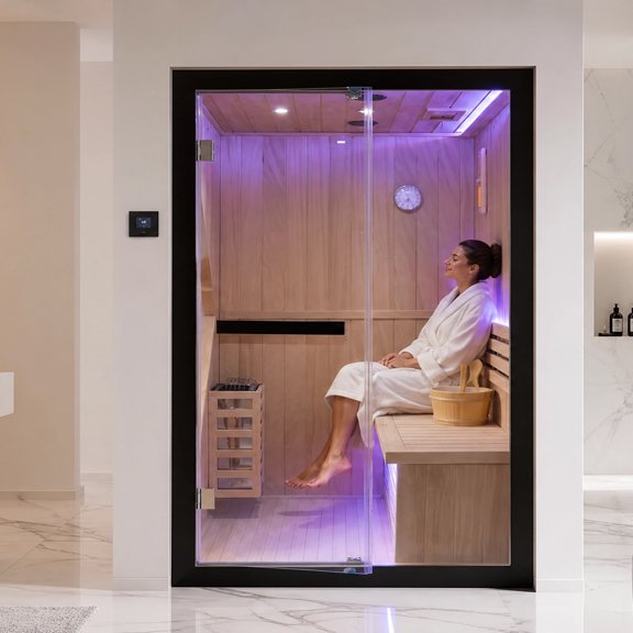 2 Person Traditional Steam Sauna for Home, 3000W 220-240V Indoor African Okoume Wood Sauna with Heater Stove, Volcanic Stones, 3-Side Tempered Glass, Single-Package Delivery