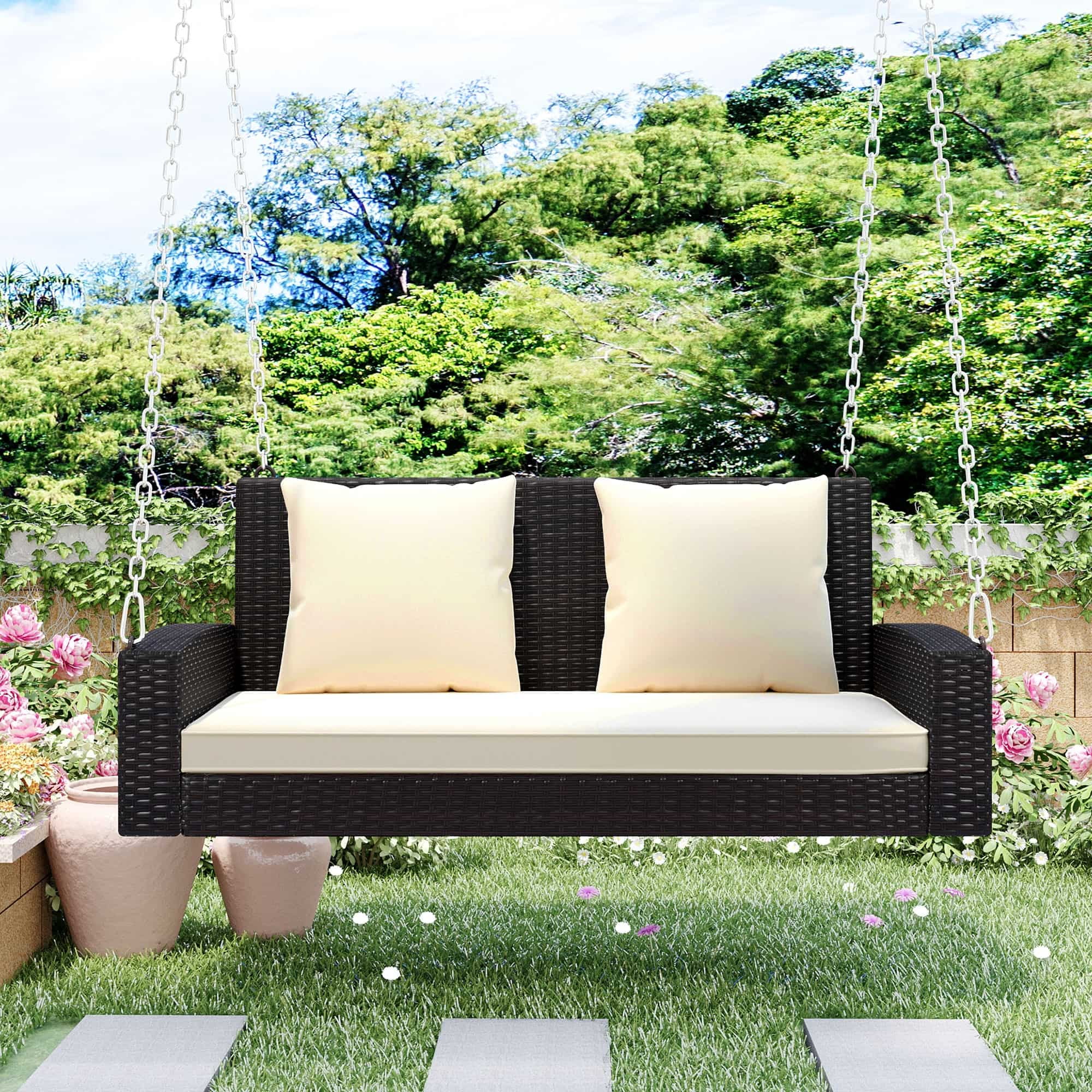 Brown Wicker 2-Person Hanging Porch Swing with Cushions and Chains