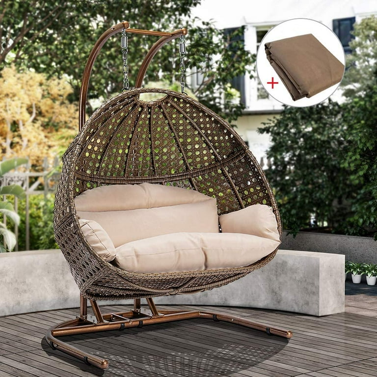 2-Person Wicker Swing Chair with Stand, Cushion, Cover for Indoor