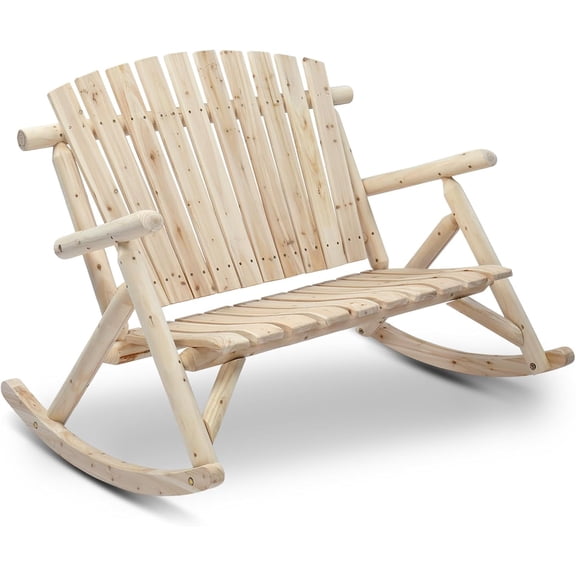 2-Person Wood Rocking Chair, Fir Log Adirondack Rocker, Outdoor Wood Accent Furniture Lounge Chairs with Wide Curved Seats for Garden Patio Backyard Porch (Natural Finish)