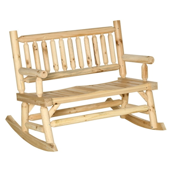 2-Person Wood Rocking Chair with Log Design, Heavy Duty Loveseat with Wide Curved Seats for Patio, Backyard, Garden, Natural