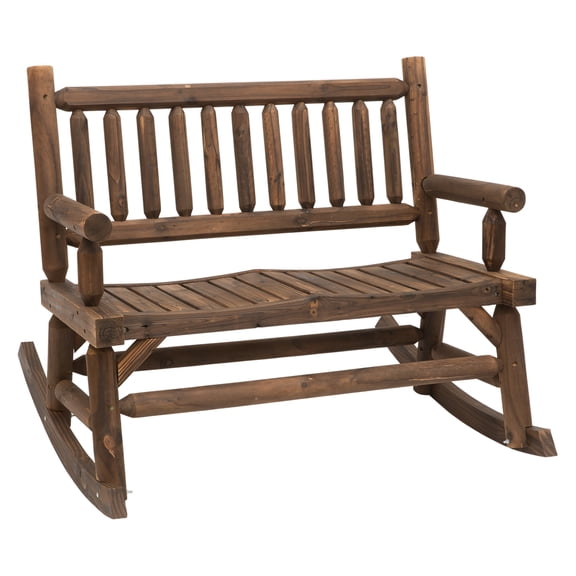 2-Person Wood Rocking Chair with Log Design, Heavy Duty Loveseat with Wide Curved Seats for Patio, Backyard, Garden, Walnut