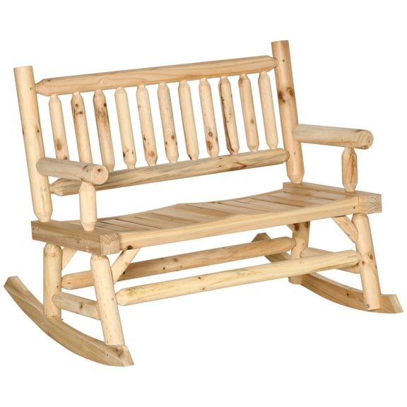 2 Person Wood Rocking Loveseat Log Design Wide Curved Seat Heavy Duty Patio Backyard Garden Natural