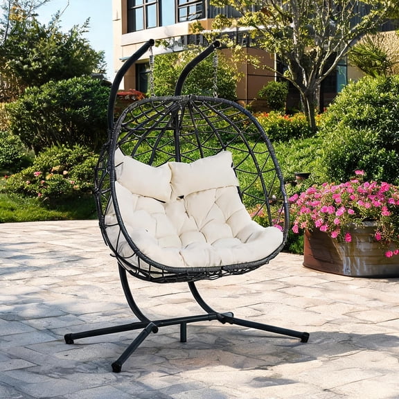2-Person Woven Hanging Egg Chair with Stand, Linen Beige PE Wicker for Indoor and Outdoor Patio