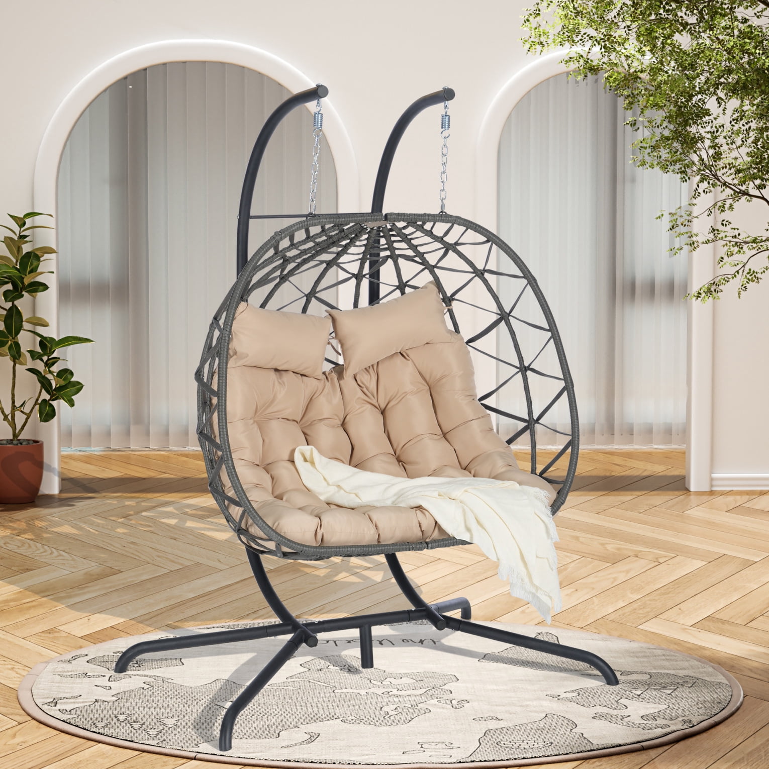 2 Person egg chair，Outdoor Rattan Hanging Chair with Khahi cushion ...