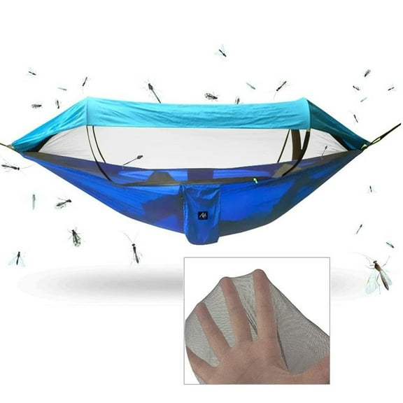 2 Persons Camping Hammock with Mosquito Net & Sunshade Cloth & Tree Straps Portable Parachute Nylon Lightweight Big Pop Up Swing Hammock