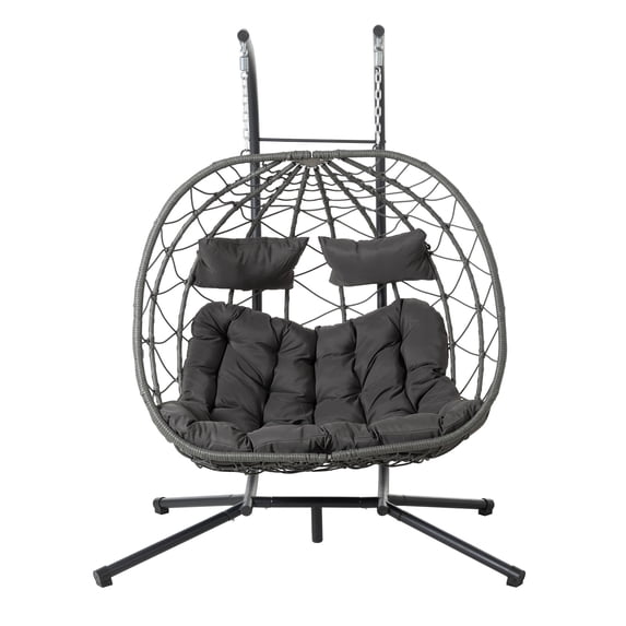2 Persons Egg Chair With Stand Indoor Outdoor Swing Chair Patio Wicker Hanging Egg Chair Hanging Basket Chair With Stand For Bedroom Living Room Balcony,Dark Gray