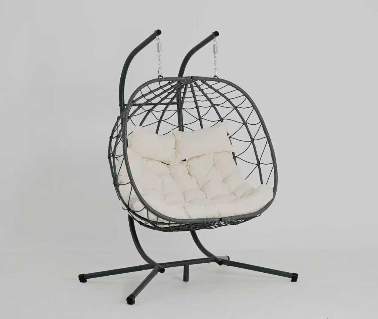 2 Persons Egg Chair with Stand, Indoor Outdoor Swing Chair Patio Wicker Hanging Egg Chair for Bedroom, Beige