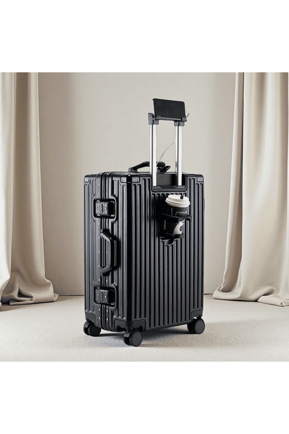 20inch Aluminum Framed Suitcase With Cup holders And Charging Functionality Featuring a TSA Approved lock Hard-shell Construction and Zipperless Design Suitable For Both Carry on And Checked Baggage