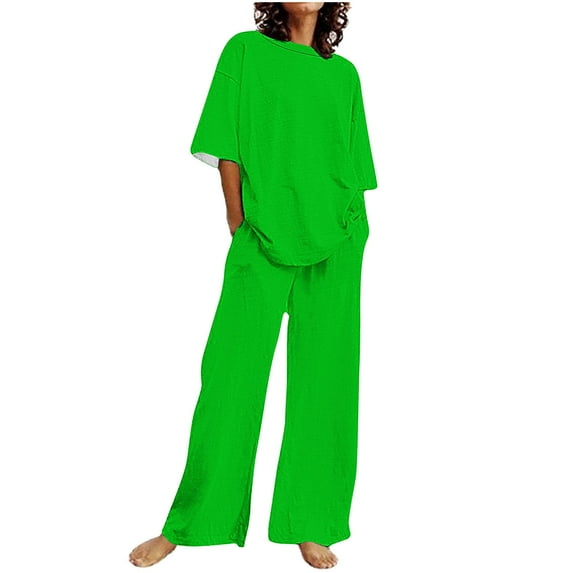 2 Picec of Outfit Sets for Womens Fashion Plus Size Summer and Autumn Solid Color Casual Short Sleeved Top With Pants And Round Neck Set