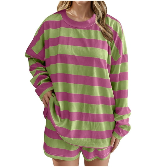 2 Picec of Outfit Sets for Womens Fashion Plus Size Summer and Autumn Striped Knitted Long Sleeved Round Neck Top Pants Set