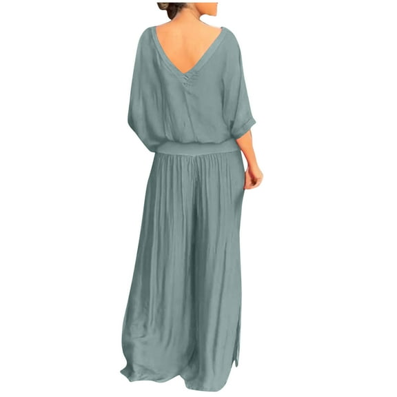 2 Picec of Outfit Sets for Womens Fashion Plus Size Summer and Autumn V-neck Solid Color Short Sleeve Wide Legs Split Fork Loose Pants