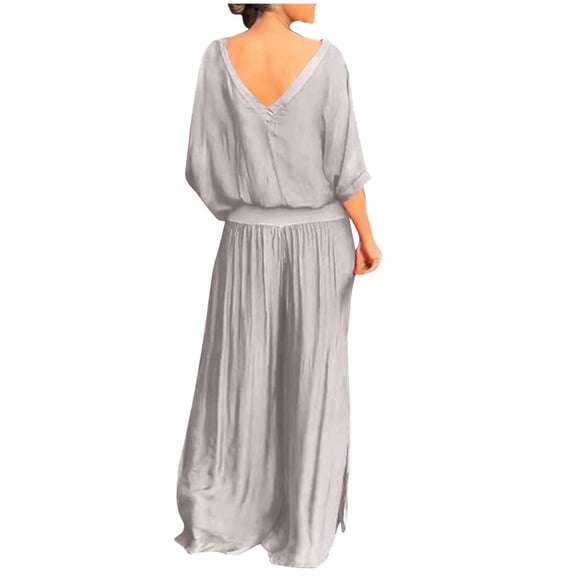 2 Picec of Outfit Sets for Womens Fashion Plus Size Summer and Autumn V-neck Solid Color Short Sleeve Wide Legs Split Fork Loose Pants