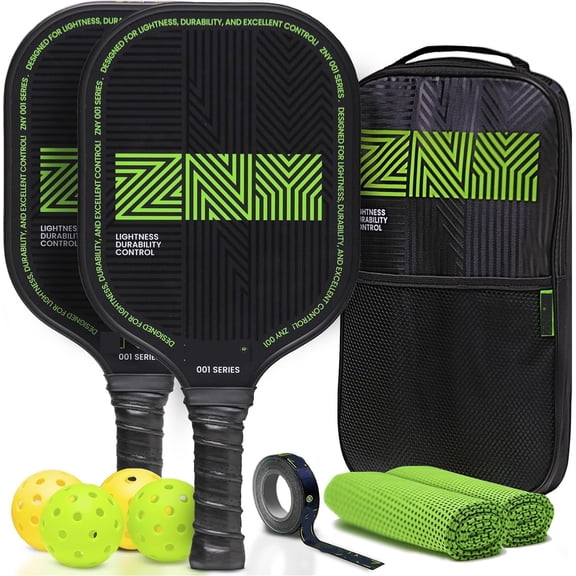 2 Pickleball Paddles Made of Fiberglass Surface with Polypropylene Core,4 Balls, 2 Cooling Towel, Carrying Bag, Paddle Protection Tape, Active Sport Game Challenge Set