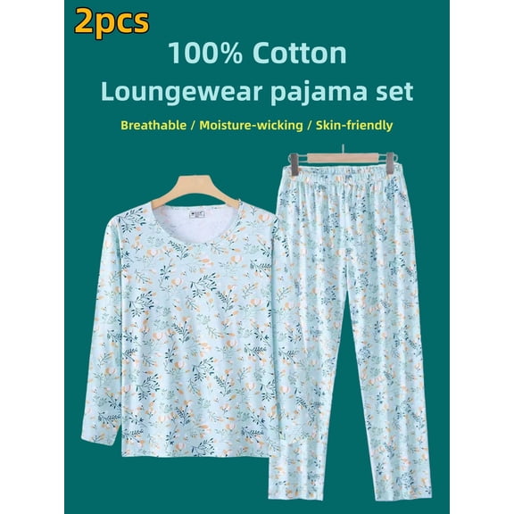 2-Piece (1-Set) Women's Small Floral Loungewear Sets (Top & Pants) - 100% Cotton Breathable, Sweat-Absorbent, Skin-Friendly, Color-Block Long-Sleeve Pajama Sets - All-Season
