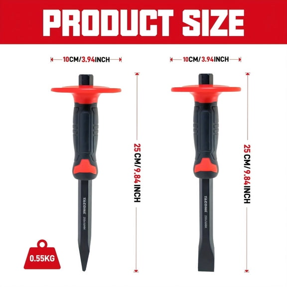 2-Piece 10 Inch Heavy Duty Masonry Chisel Set, Flat and Pointed Chisels with TPR Hand Guards, for Concrete, Brick, Masonry, Demolition and Carving