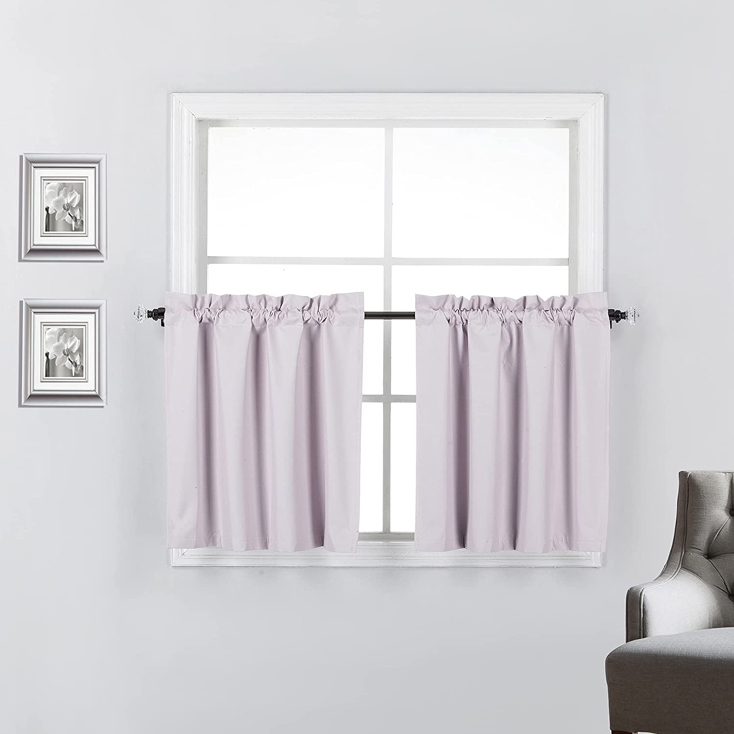 2 Piece 100% Blackout Insulated Rod Pocket Kitchen Curtain Tiers Set for Small Windows 24" Long, Light Pink