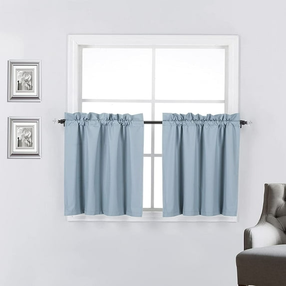 2 Piece 100% Blackout Insulated Rod Pocket Kitchen Curtain Tiers Set for Small Windows 24" Long, Slate Blue