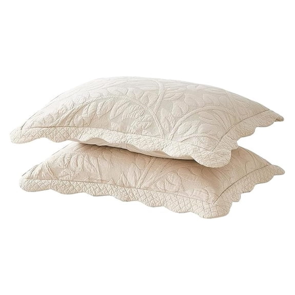 2-Piece 100% Cotton Quilted Pillow Shams Embroidered Farmhouse Pillow Shams (King, Natural Beige)