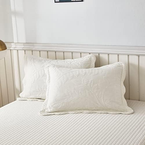 2Piece 100 Cotton Quilted Pillow Shams Embroidered Farmhouse Pillow Shams (King, Soft White
