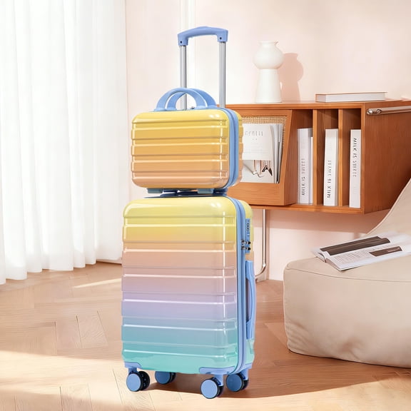 2-Piece 14"/20" PC Spinner Luggage Set, Carry On Suitcase with Gradient Color & Combination Lock, Blue+Yellow