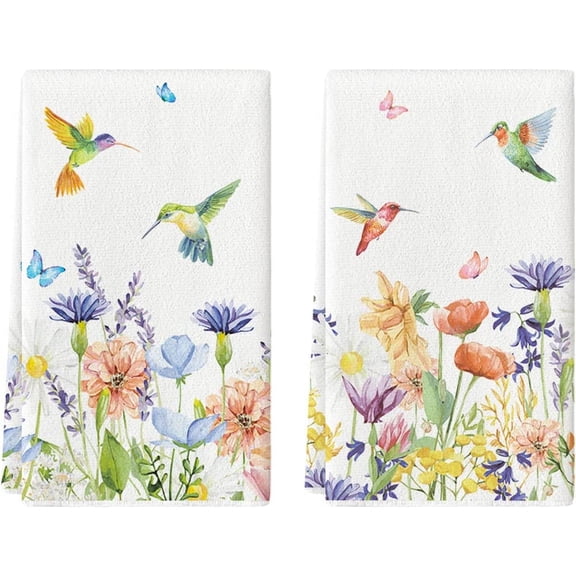 2 Piece 18x26 Inch Anemone Flower Hummingbird Kitchen Dish Towel Super Absorbent