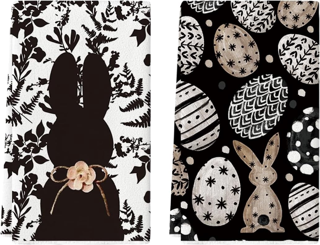 2 Piece 18x26 Inch Black Bunny Egg Kitchen Dish Towel Super Absorbent