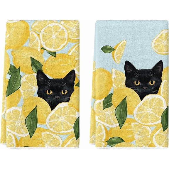 2 Piece 18x26 Inch Lemon Black Cat Kitchen Dish Towel Super Absorbent Rag