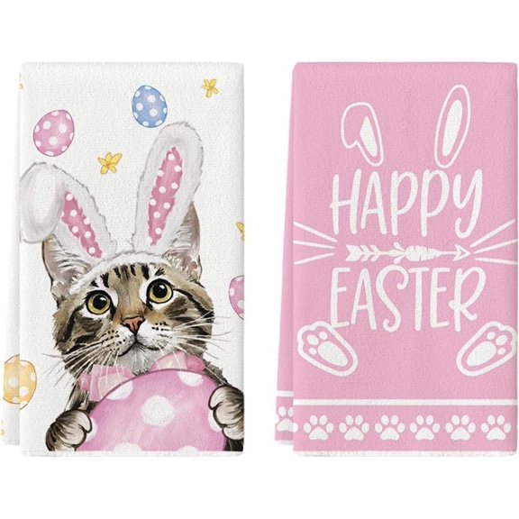 2 Piece 18x26 Inch Pink Rabbit Cat Kitchen Dish Towel Super Absorbent Rag