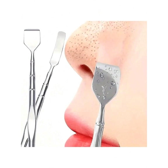 2 Piece 2 In 1 Blackhead Removal Tool Stainless Steel Dual Head Pore Cleansing Massage Beauty Spatula Oily Light Beige Fragrance Free Facial Care With Ergonomic Handle