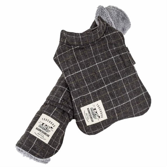 2 Piece 2-in-1 Windowpane Plaided Dog Jacket with Matching Reversible Dog Mat - Dark Grey Plaid, Extra Small