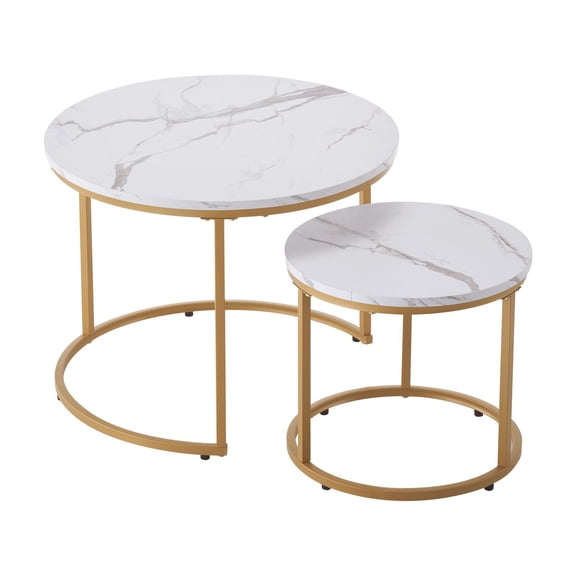 2-Piece 23.6-inch, Round Nested Coffee Table - Vintage Metal Frame for Small Spaces, Living Room Bedroom Office Side Bedside Tables (White + Gold)