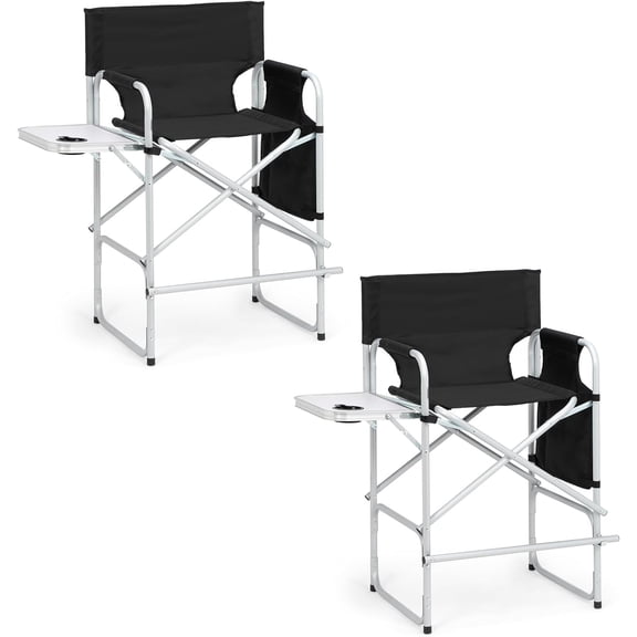 2 Piece 26" Tall Directors Chair Height Seat Folding with Side Table Storage Pocket, Support for 300Lbs Portable Makeup Artist Chair with Bar Height(Black)