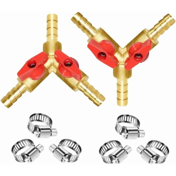 2 Piece 3/8 Inch Hose Barb Y Shaped 3 Way Union Intersection Split Brass Shut Off Ball Valve Fitting