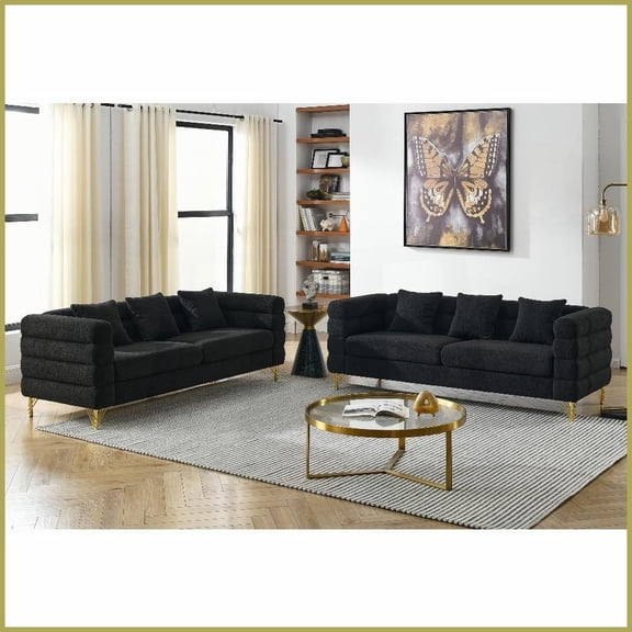 2-Piece 3-Seater Black Teddy Fabric Sofa Set Streamline Modern Living Room Furniture with Gold Metal Legs