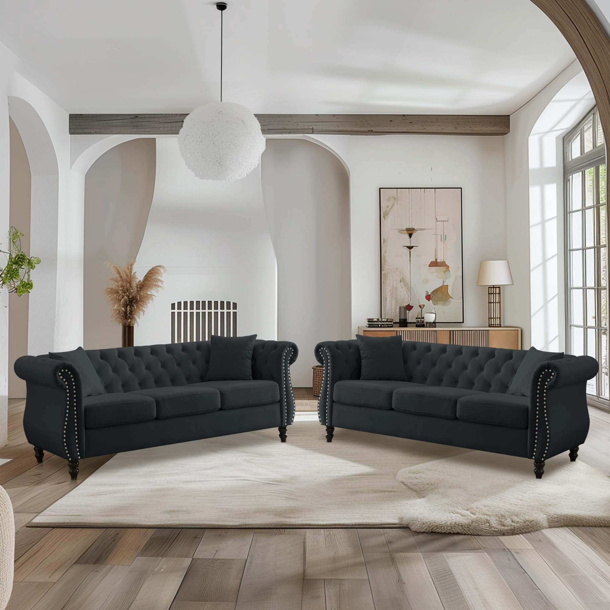 2 Piece 3-Seater Velvet Chesterfield Sofa for Living Room, 80" Tufted Sofa Set with 4 Pillows, Curved Backrest Rolled Arms, Black