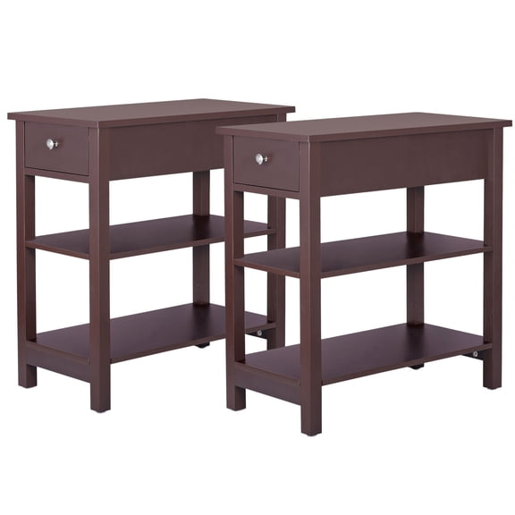 2 Piece 3 Tier 24"End Table Narrow Side Chairside Table 1 Drawer 2 Shelves Brown