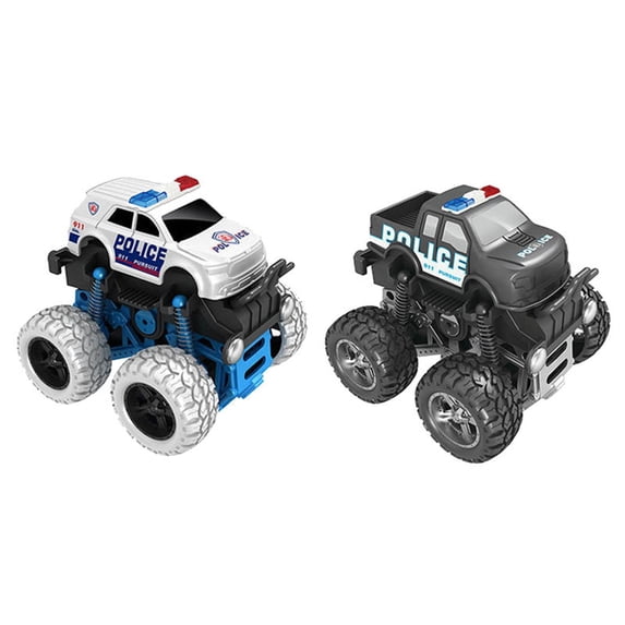 2-Piece 360 Degree Rotation Police Monster Truck Inertia Stunt Vehicle with Friction Power for High Speed Racing and Impact Flip Action Fun Performance