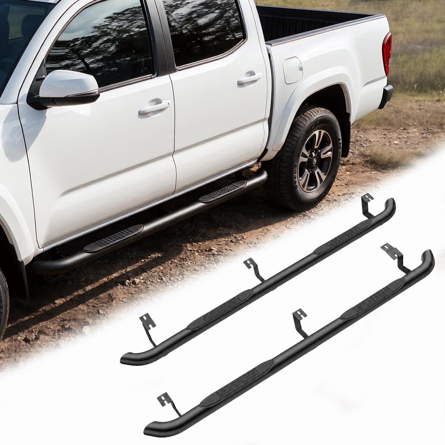 2-Piece 4-Inch Running Boards Side Steps for Toyota Tacoma 2005-2023 Crew Cab, Oval Straight Carbon Steel Nerf Bars with Black Powder Coat, Black
