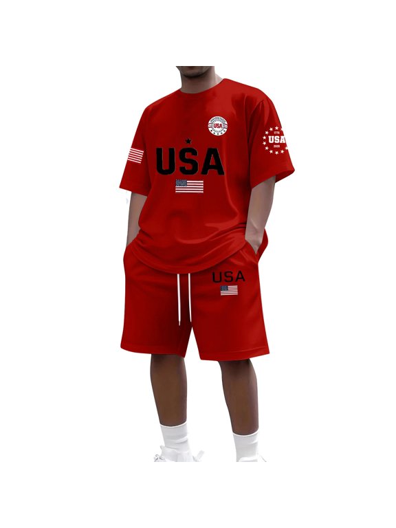 2 Piece 4th of July Short Set Beach Outfits for Men American Flag Patriotic Shirt and Shorts Set Summer Relaxed Fit Short Sleeve and Shorts Independence Memorial Day Matching Sets