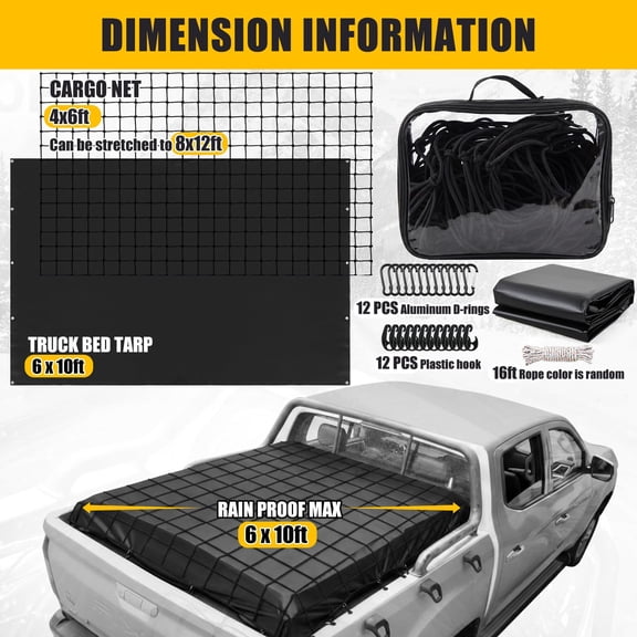 2-Piece 6x10 ft Truck Bed Tarp & 4x6 ft Cargo Net Set, Expands to 8x12 ft, Waterproof Cover with Hooks, D-Rings & Rope, Black