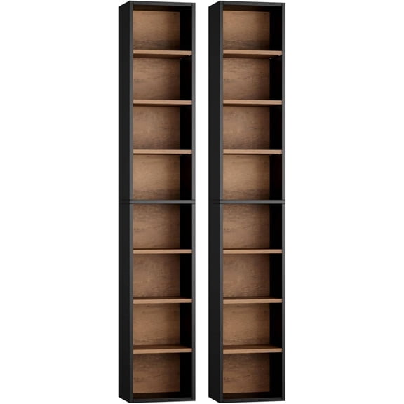 2-Piece 71-Inch Tall Narrow Bookshelf Set, 8-Tier Slim Media Tower with Adjustable Shelves, Black/Brown