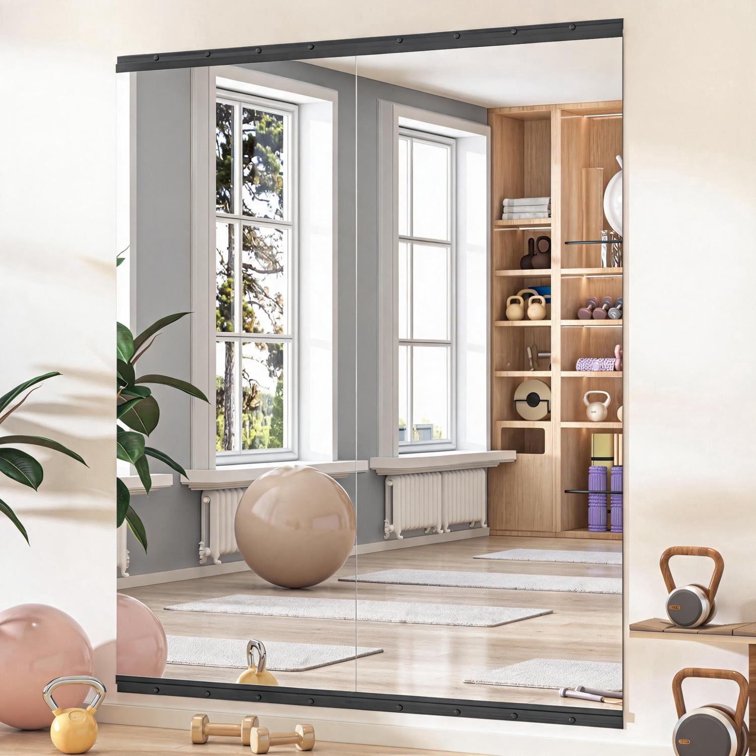 2-Piece 71x31-Inch Home Gym Mirror with Float Silver Technology, Frameless Full Body Mirror and Workout Mirror for Yoga Bedroom Dance Studio, Black