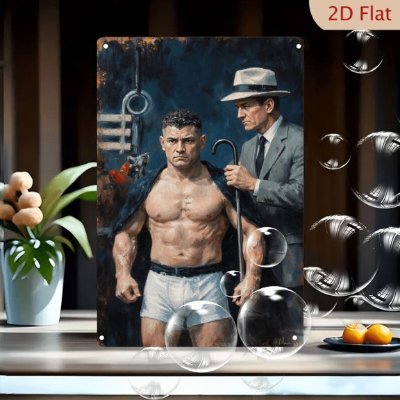 2-Piece 8x12in Metal Wall Art, Painterly Portrait of Two Men in Dramatic Mood, Social Realism Style with Key and Ladder, Vintage American Illustration for Home Decor