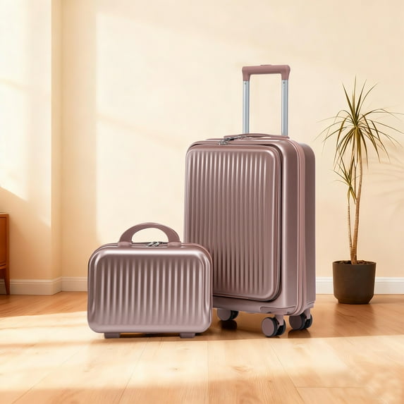 2-Piece ABS Hardshell Luggage Set with Front Opening & Combination Lock, 14" Cosmetic Case & 20" Carry On Spinner Wheel Suitcase, Champagne