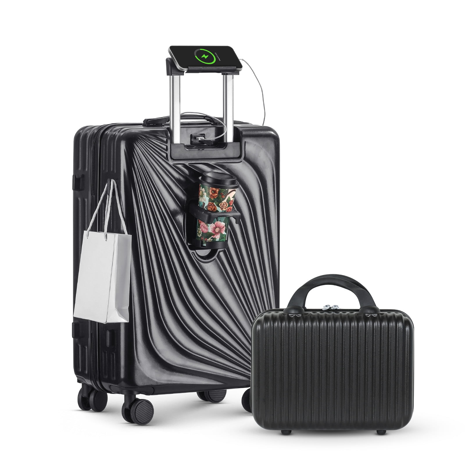 2-Piece Lightweight Carry-on Luggage Set, ABS/PC Hard Shell, 360 Spinner Wheels, Cup Holder & USB Charging Port (Black)